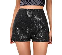 A Womens High Elastic Waist Sequin Sparkly Straight Leg Glitter Shorts - Solid Sparkle Party Club Concert Hot (Black, M)