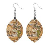 A Worn-out World Map Wooden Earrings for Women, Vintage Elegant Wood Jewelry, Lightweight Earrings for Wedding, Party, Everyday Jewelry Gift, Star, Wood, wood