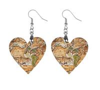 A Worn-out World Map Wooden Earrings for Women, Vintage Elegant Wood Jewelry, Lightweight Earrings for Wedding, Party, Everyday Jewelry Gift, Love, Wood, wood