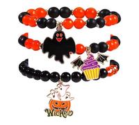 A-yeite 3Pcs Halloween Bracelets Ghost Pumpkin Cat Web Bat Charm Stretch Beaded Bracelets Set Black Beads Halloween Jewelry for Women Costume Party, One Size, Acrylic, no gemstone