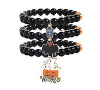 A-yeite 3Pcs Halloween Bracelets Ghost Pumpkin Cat Web Bat Charm Stretch Beaded Bracelets Set Black Beads Halloween Jewelry for Women Costume Party, One Size, Acrylic, no gemstone