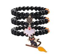 A-yeite 3Pcs Halloween Bracelets Ghost Pumpkin Cat Web Bat Charm Stretch Beaded Bracelets Set Black Beads Halloween Jewelry for Women Costume Party, One Size, Acrylic, no gemstone