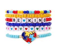 A-yeite Autism Awareness Stackable Bracelets for Women Elastic Colorful Love Heart Ribbon Puzzle Charm Beaded Stretch Bracelet Autism Jewelry Gift, M, Acrylic Metal, no gemstone