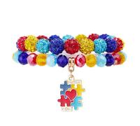 A-yeite Autism Awareness Stackable Bracelets for Women Elastic Colorful Love Heart Ribbon Puzzle Charm Beaded Stretch Bracelet Autism Jewelry Gift, M, Acrylic Metal, no gemstone