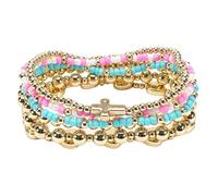 A-yeite Boho Gold-Plated Stackable Beaded Stretch Bracelet Set for Women Men, Multilayer, Resin and Alloy, Heart Cross Charm, Colorful Bead Bracelet Party Jewelry, M, Metal, no gemstone