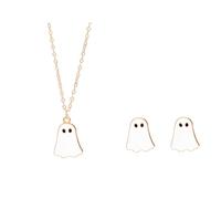 A-yeite Cute Cartoon Ghost Pendent Necklaces Earrings Jewelry Set for Women Men Black White Ghost Necklace Cosplay Halloween Costume Party Festival Gift, One Size, Metal, No Gemstone