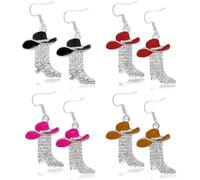 A-yeite Western Cowboy Creative Inlaid Water Diamond European American Personalized Pendant Earrings Red Black Brown Rose Red Alloy Women's Earrings, One Size, Zinc, No Gemstone