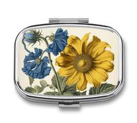 A Yellow Flower Stem Pill Box 2 Compartment, Portable Pill Case with Mirror for Pocket Purse Travel, Mini Metal Medicine Organizer for Vitamins Fish Oil
