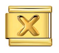 A-Z 18K Embossed Gold Letter Initial Name Tag Alphabet Personalised Birthday Silver Italian 9mm Link Stainless Steel Bracelet Charm Compatible With Nomination (X Embossed 18k)