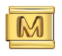 A-Z 18K Embossed Gold Letter Initial Name Tag Alphabet Personalised Birthday Silver Italian 9mm Link Stainless Steel Bracelet Charm Compatible With Nomination (M Embossed 18k)