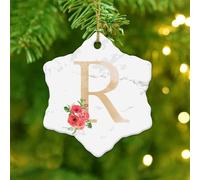 A-Z 26 Letters Initial Monogram Poppy Flowers Christmas Ornaments Alphabet Spring Summer Autumn Keepsake Holiday Christmas Tree Decorations Hanging Ceramic Ornament Pendant for Friends Families