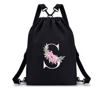 A-Z BAG Drawstring Swimming Bag Initial Gifts for Girls Kids (Black, S)