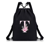 A-Z BAG Drawstring Swimming Bag Initial Gifts for Girls Kids (Black, T)