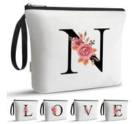 A-Z BAG Personalised Initial Makeup Bag with Floral Letter,Gifts for Women,Mum,Friend,Sister,Teenage Girls,Bridesmaid,Cosmetic Wash Bag & Toiletry Pouch,N