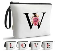 A-Z BAG Personalised Initial Makeup Bag with Floral Letter,Gifts for Women,Mum,Friend,Sister,Teenage Girls,Bridesmaid,Cosmetic Wash Bag & Toiletry Pouch,W