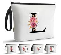 A-Z BAG Personalised Initial Makeup Bag with Floral Letter,Gifts for Women,Mum,Friend,Sister,Teenage Girls,Bridesmaid,Cosmetic Wash Bag & Toiletry Pouch,L