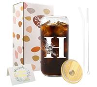 A-Z Initial Personalised Gifts for Women, Birthday Coffee Glass Cups Gift Set, 16oz Iced Coffee Glass Cup with Lids and Straws, Iced Coffee Cup for Women, Mum, Teachers, Friends, Best Friend (H)