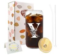 A-Z Initial Personalised Gifts for Women, Birthday Coffee Glass Cups Gifts Set, 16oz Iced Coffee Glass Cup with Lids and Straws, Iced Coffees Cup for Women, Mum, Teachers, Friends, Best Friend (Y)