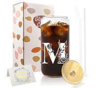 A-Z Initial Personalised Gifts for Women, Birthday Coffee Glass Cups Gifts Set, 16oz Iced Coffee Glass Cup with Lids and Straws, Iced Coffees Cup for Women, Mum, Teachers, Friends, Best Friend (M)