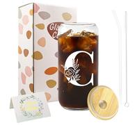 A-Z Initial Personalised Gifts for Women, Birthday Coffee Glass Cups Gifts Set, 16oz Iced Coffee Glass Cup with Lids and Straws, Iced Coffees Cup for Women, Mum, Teachers, Friends, Best Friend (C)