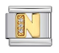 A-Z Letter Italian Charm,9mm Golden Steel Bracelet Link with Cubic Zirconia Initial, Fits Modular Stretch Bracelets, Alphabet Jewellery Gift,Personality Charms Bracelets Accessories Girl Gift (N)