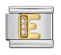 A-Z Letter Italian Charm,9mm Golden Steel Bracelet Link with Cubic Zirconia Initial, Fits Modular Stretch Bracelets, Alphabet Jewellery Gift,Personality Charms Bracelets Accessories Girl Gift (E)