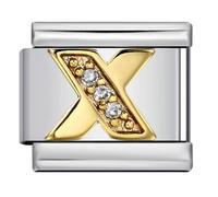 A-Z Letter Italian Charm,9mm Golden Steel Bracelet Link with Cubic Zirconia Initial, Fits Modular Stretch Bracelets, Alphabet Jewellery Gift,Personality Charms Bracelets Accessories Girl Gift (X)