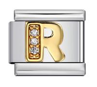 A-Z White Crystal Gold Letter Initial Name Tag Alphabet Personalised Birthday Silver Italian 9mm Link Stainless Steel Bracelet Charm Compatible With Nomination (R Crystal 18k)