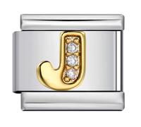 A-Z White Crystal Gold Letter Initial Name Tag Alphabet Personalised Birthday Silver Italian 9mm Link Stainless Steel Bracelet Charm Compatible With Nomination (J Crystal 18k)