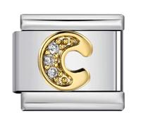 A-Z White Crystal Gold Letter Initial Name Tag Alphabet Personalised Birthday Silver Italian 9mm Link Stainless Steel Bracelet Charm Compatible With Nomination (C Crystal 18k)