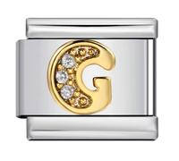 A-Z White Crystal Gold Letter Initial Name Tag Alphabet Personalised Birthday Silver Italian 9mm Link Stainless Steel Bracelet Charm Compatible With Nomination (G Crystal 18k)