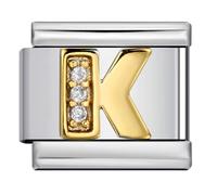 A-Z White Crystal Gold Letter Initial Name Tag Alphabet Personalised Birthday Silver Italian 9mm Link Stainless Steel Bracelet Charm Compatible With Nomination (K Crystal 18k)