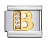 A-Z White Crystal Gold Letter Initial Name Tag Alphabet Personalised Birthday Silver Italian 9mm Link Stainless Steel Bracelet Charm Compatible With Nomination (B Crystal 18k)