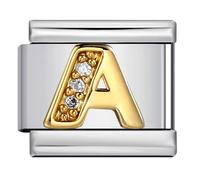 A-Z White Crystal Gold Letter Initial Name Tag Alphabet Personalised Birthday Silver Italian 9mm Link Stainless Steel Bracelet Charm Compatible With Nomination (A Crystal 18k)