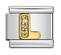 A-Z White Crystal Gold Letter Initial Name Tag Alphabet Personalised Birthday Silver Italian 9mm Link Stainless Steel Bracelet Charm Compatible With Nomination (L Crystal 18k)