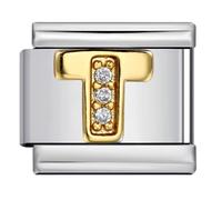 A-Z White Crystal Gold Letter Initial Name Tag Alphabet Personalised Birthday Silver Italian 9mm Link Stainless Steel Bracelet Charm Compatible With Nomination (T Crystal 18k)