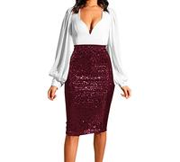 A02 Wine Red Women's Sequin High Waist Mini Skirt, Shiny Metallic Sequins, Midi & Knee-Length, Evening Dress, M