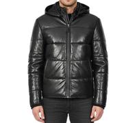 A1 FASHION GOODS Men's Black Quilted Leather Puffer Jacket With Removable Hood, Fully Padded Winter Coat Archie (UK, Alpha, XXL, Regular, Regular, Black)