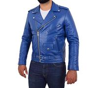 A1 FASHION GOODS Mens Genuine Cowhide Biker Jacket Heavy Duty Blue Leather Brando Retro Coat Rock