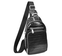 A1 FASHION GOODS Men's Genuine Leather Sling Chest Bag, Patent Croc-Print, Multi-Pocket, Adjustable Strap, A704 (Black)