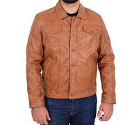 A1 FASHION GOODS Mens Real Leather Trucker Jacket American Denim Style Black Burgundy Rub off Tan - Todd (Tan, M)