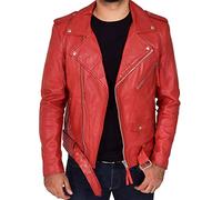 A1 FASHION GOODS Mens Real Soft Leather Biker Jacket With Belt ASST Colours Black Cognac Red Bob (Red, XL)