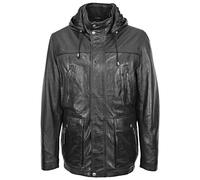 A1 FASHION GOODS Mens Soft Leather Parka Black With Hood 3/4 Long Car Coat Classic Duffle Jacket Dave (XXL)