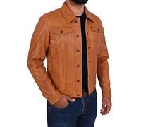 A1 FASHION GOODS Mens Soft Leather Trucker Jacket Tan American Western Denim Style Coat - Bond (Large)