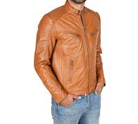A1 FASHION GOODS Mens Tan Leather Biker Jacket Quilted Slim Fit Tailored Cut - Teddy (Large)