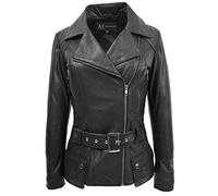 A1 FASHION GOODS Womens Biker Leather Jacket Trendy Hip Length Fitted Belted Mandy (Black, 20)