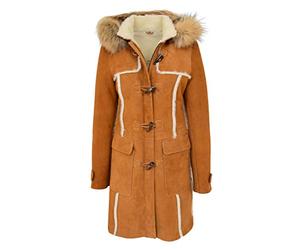 A1 FASHION GOODS Womens Genuine Sheepskin Duffle Coat Cognac 3/4 Long Hooded Shearling Jacket - Evie (10)