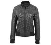 A1 FASHION GOODS Womens Real Leather Bomber Jacket Black Diamond Quilted Fitted Varsity - Storm (10)