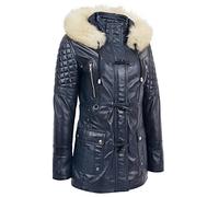 A1 FASHION GOODS Womens Trendy Real Soft Leather Duffle Coat Fitted Removable Hood Parka Jacket Cory (Navy, 18)