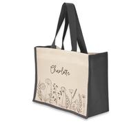 A1 Graphics Ltd Personalised Tote Bag Custom Large Jute Shopping Bag Wild Flowers Floral Design (Black)